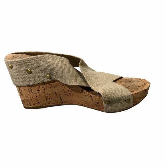 Lucky Brand Cork Wedge Womens 8.5 M Slip Ons Straps Beige Miller 2 Mules - Picture 4 of 10